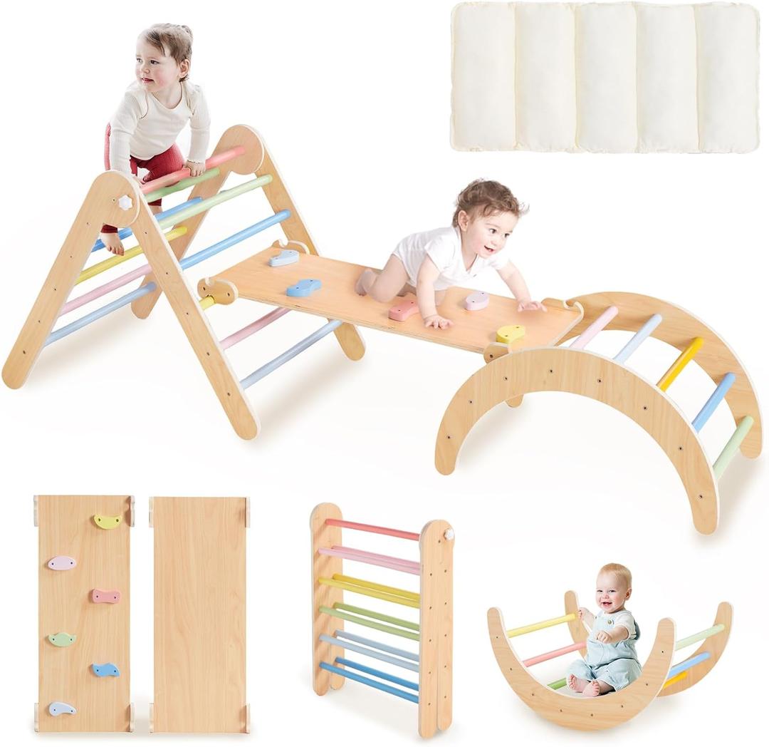 Beright PiklerTriangle Set Upgraded with White Cushion, Set 7in1 Foldable Toddler Climbing Toys, Wooden Montessori Climbing Set Indoor Jungle Gyms with Arch, Ramp, Ladder, Rainbow