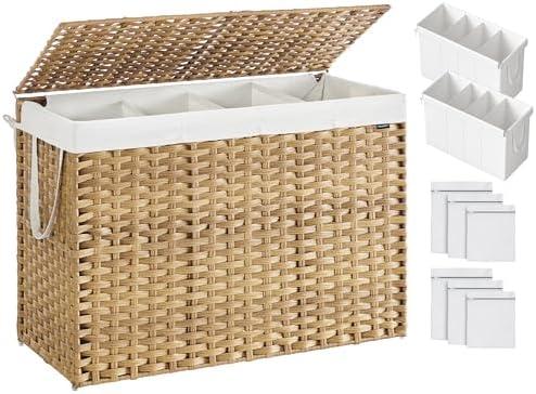 SONGMICS Laundry Hamper with Lid, 200L 4-Section Wicker Basket, 6 Mesh Bags | Clothes Hamper, 2 Removable Liner Bags, 33.9 x 15.8 x 24 Inches, Natural, ELIOTT Collection ULCB452Y01