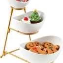 LYEOBOH 3 Tier Serving Bowls Set Tiered Serving Stand, Porcelain Oval Bowls with Collapsible Metal Stand for Entertaining, Party, Dessert Display, Candy, Chip and Dip (Gold)-45oz / 17.5oz / 7oz