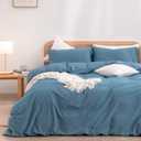BESTOUCH Duvet Cover Set 100% Washed Cotton Linen Feel Super Soft Comfortable Chic Lightweight 3 PCs Home Bedding Set Solid Dark Blue Cal King (California King (104" x 98"))