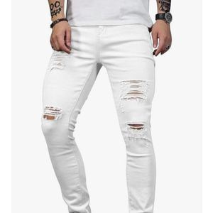 OIIIO, Men's Blue Slim Fit Jeans Stretch Destroyed Ripped Skinny Jeans Side Striped Denim Pants, size 40