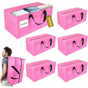 6 Pack Extra Large Moving Bags with Zippers, Backpack Straps & Reinforced Handles, Heavy Duty Storage Bags for Clothes, Moving, Space Saving, Pink