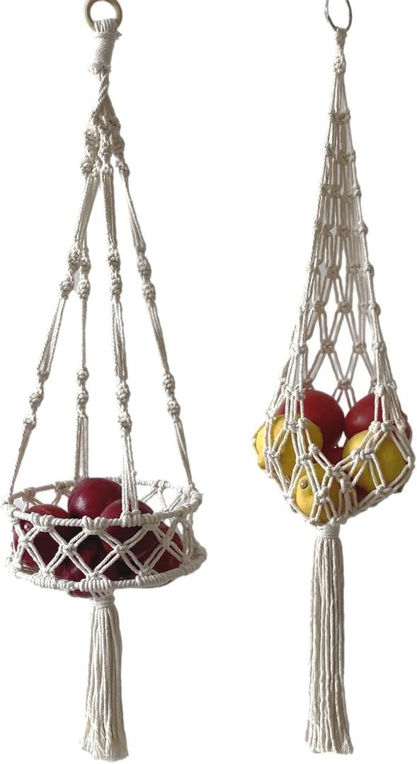 Hanging Baskets for Fruit and Vegetable Storage 3-Tier, Boho Wall Hammock for Produce Organizing, Macrame Bohemian Decor for Kitchen, Bedroom, Indoor Plants (A-Metal Rings-1 Tier+String Bag)