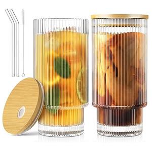 CWHHRN 16OZ Glass Cups with Lids and Straws, Vintage Glassware for Whiskey Cocktail Beer, Iced Coffee Cups with Lid, Glass Tumbler with Straw and Lid (2 PACK)
