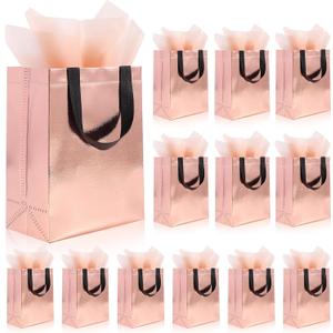 Addblu 12 Pack Reusable Gift Bags with Handles & 24 Tissue Papers, 10x4x8 Inch Iridescent Gift Bags with Cardboard Bases for Shopping, Parties, Birthdays, Weddings, Holiday, Mother's Day (Rose Gold Gift Bag)