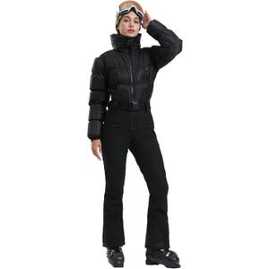 GSOU SNOW Womens Ski Suits Down One Piece Snowsuit Waterproof Snowboard Jumpsuits Winter Ski Outfit (Small, Black)