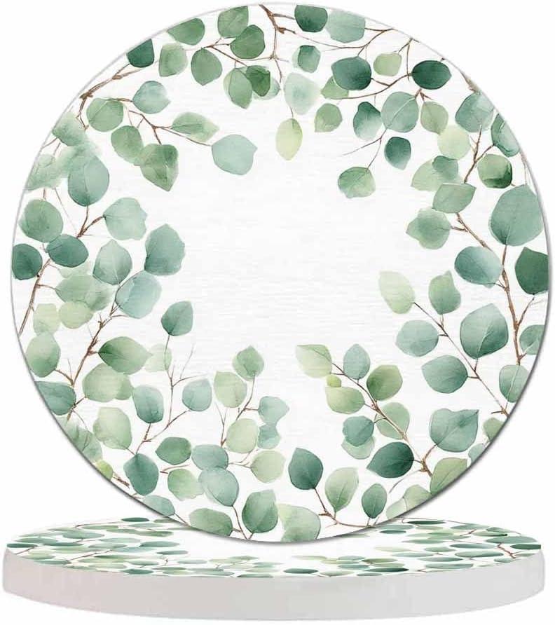 Eucalyptus Round Leaf Coasters Set for Wood Table Green Branches and Leaves Twig Natural Plant Foliage Tabletop Protection Mat for Mugs and Cups 4 Inch for Kitchen Office Home