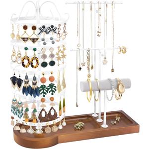 Jewelry Organizer Stand, Metal Rotating Earring Holder Organizer, Multi-Functional Adjustable Necklace Rack Holder Bracelet Watch Holder for Jewelry Earrings Ring (White-Brown Wood)