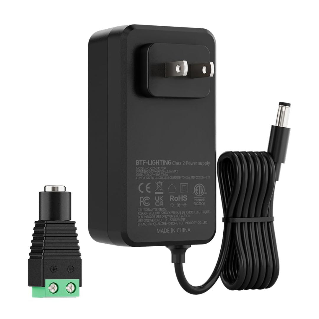BTF-LIGHTING 24V 3A 72W Power Supply Adapter ETL Listed 100-240V AC AC to 24V DC Converter Class 2 Power Supply, 5.5x2.1mm Jack for for Low Voltage LED Strip Lights, CCTV, Router, Electronics