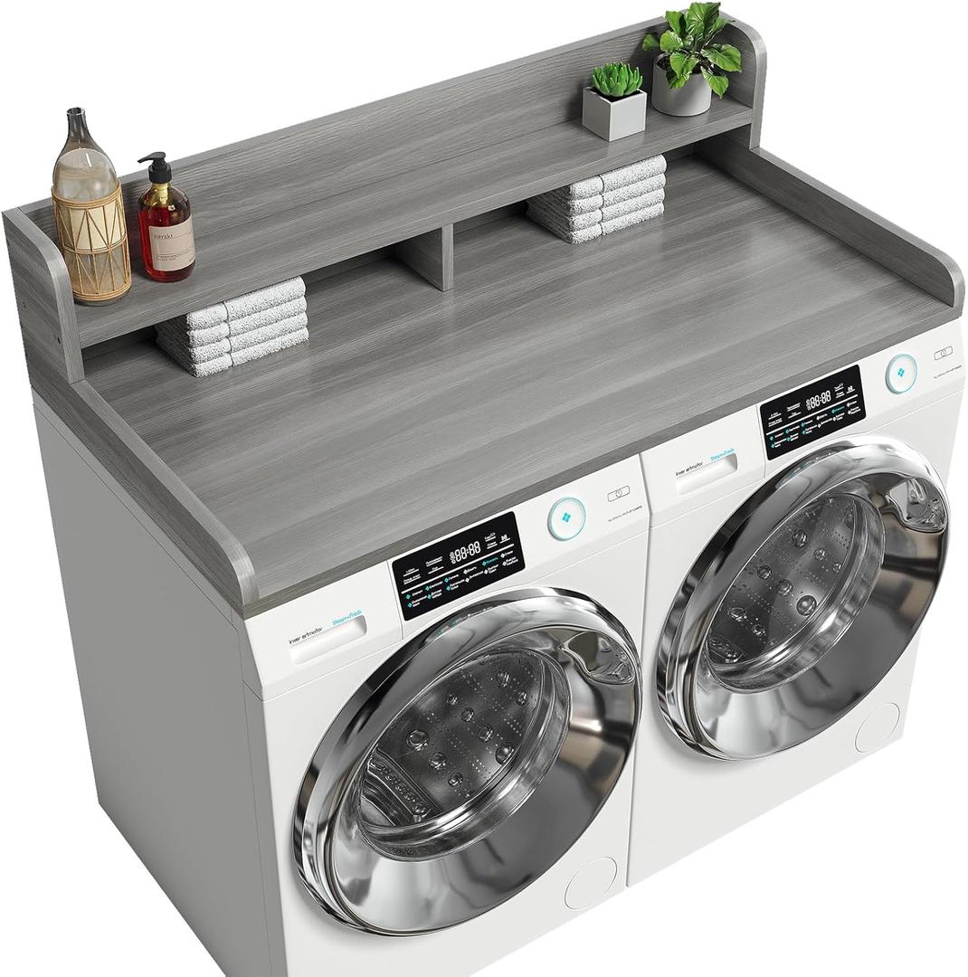2-Tier Washer Dryer Countertop with 2.75"H Edge Rails, 54" W x 27.55" D Laundry Countertop for Folding Clothes, Washer and Dryer Topper with Non-Slip Pad (Stripe Gray)