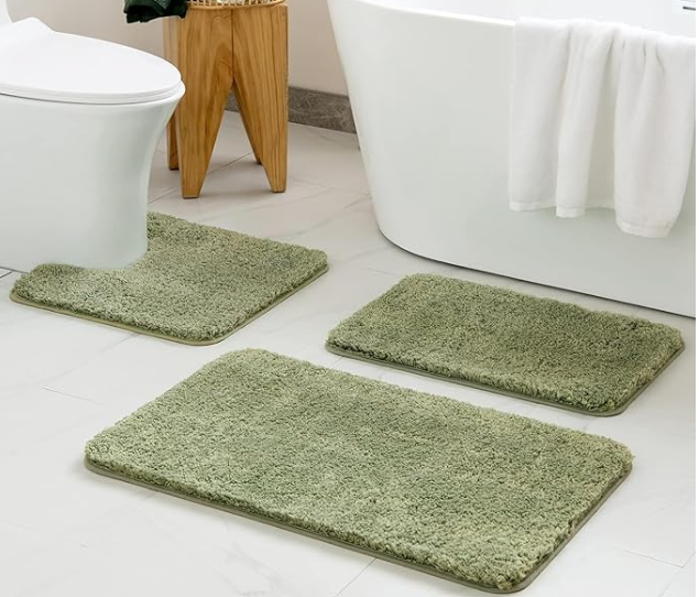 MIULEE 3 Pieces Bathroom Rugs and mats Sets Extra Thick Non Slip Microfiber Bath Mats and U-Shaped Contour Toilet Rug for Bath Room Floor Restroom,20"x30"+16"x24"+20"x20", Green