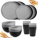 Rubtlamp 24Pcs Kitchen Plastic Wheat Straw Dinnerware Set,Dinnerware Sets for 6,Microwave Dishwasher Safe Plates, Unbreakable Reusable Plastic Wheat Straw Bowls & Plate for Camping (Gray, Light gray, Black)
