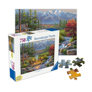 Ravensburger - Riverside Livingroom - 300 Piece Large Format Jigsaw Puzzle - Serene Vision of a Rustic Cabin, Mountains & Stream - Frameable - Premium Quality - Puzzles for Adults