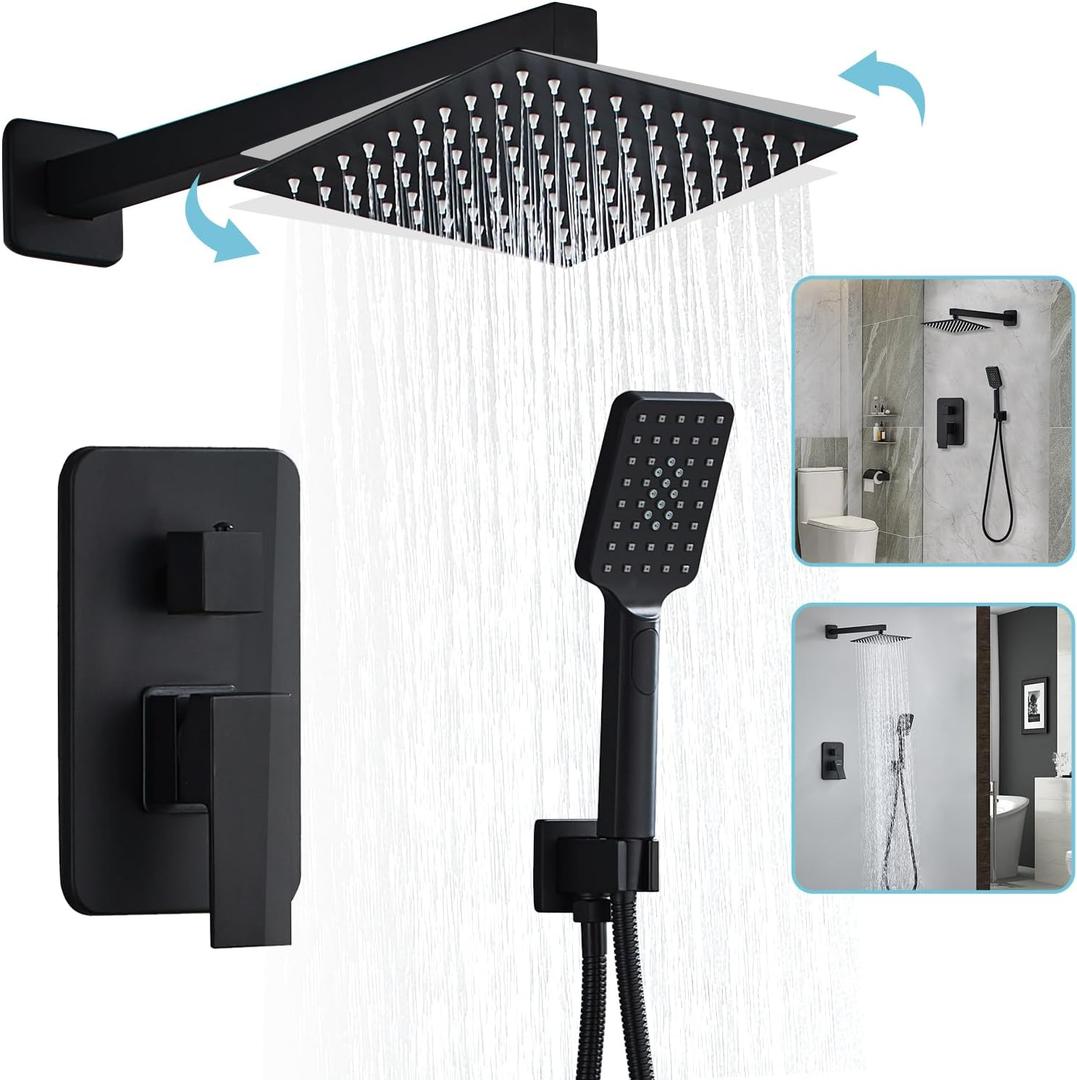 8 Inch Shower System with Tub Spout, Black Shower Faucet Set for Bathroom, Square High Pressure Shower Head, 2-Setting Handheld Faucets Sets, Wall Mounted Rainfall Shower Valve Kit