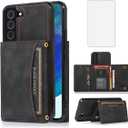 NKECXKJ Design for Samsung Galaxy S22 5G Wallet Case with Tempered Glass Screen Protector PU Leather Credit Card Holder Slot Phone Cases Kickstand Shockproof Protective Cover for Men 6.1 inch Black