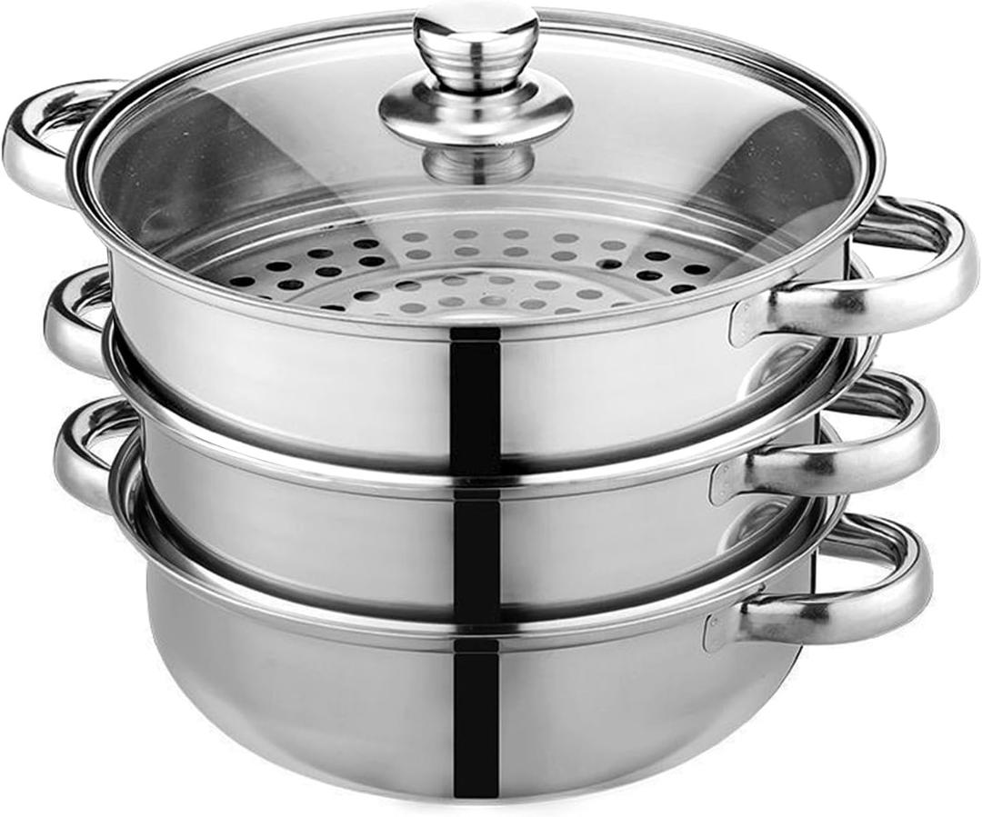 Steamer Pot for Cooking 11 inch Stainless Steel, 3-tier Multipurpose 18/8 Stainless Steel Steam Pot Cookware with Lid for Vegetable, Dumpling, Stock, Sauce, Food