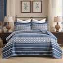 Navy Boho King Size Quilt Set - Bohemian Striped Bedspread Set King Size, 100% Cotton Navy Blue Quilt Bedding Set Lightweight Quilted Coverlet Set for King Bed with 2 Shams ,Navy Blue White 3 Pieces