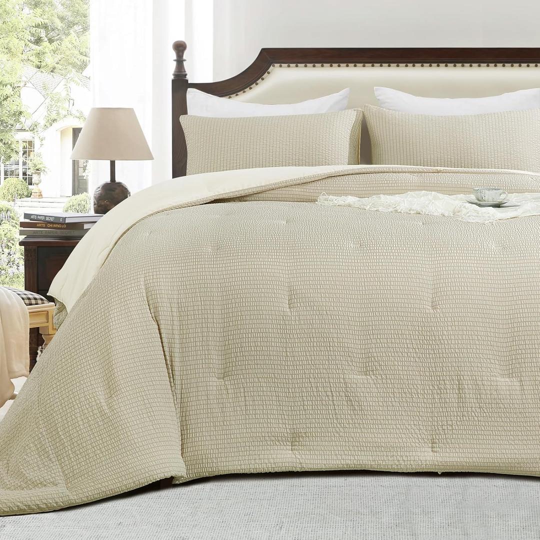 HOMBYS 3 Piece Seersucker Oversized King Comforter Set 128x128, Breathable Beige Soft Comforter Set, Lightweight Down Alternative Comforter, Bedding Comforter Sets with 2 Pillow Shams for All Season