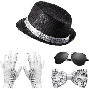 Dance Star Costume, Black Sequin Hat, Silver Glove, Bow Ties, Sunglasses for 80s 90s Role Play and Pop Stage Party Outfits