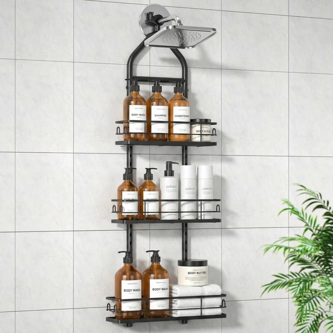 3 Tier Hanging Shower Head Caddy, Adjustable Hanging Shower Caddy Over Showerhead, Standing Shower Caddy No Drilling Handing Racks Rustproof for Bathroom Shampoo Soap Storage