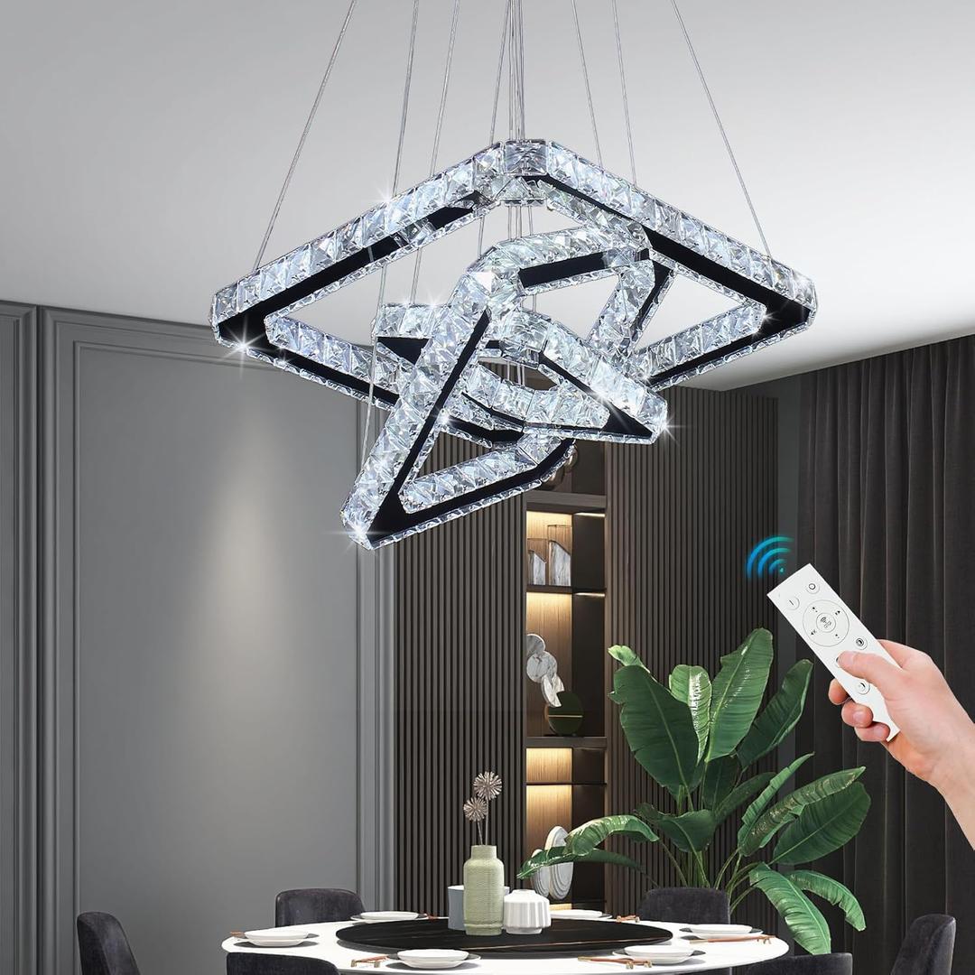 Modern Crystal Chandeliers LED Square 3-Rings Chandelier Pendant Lights Height Shape Adjustable Ceiling Lamp for Bedroom Living Room(Dimmable)