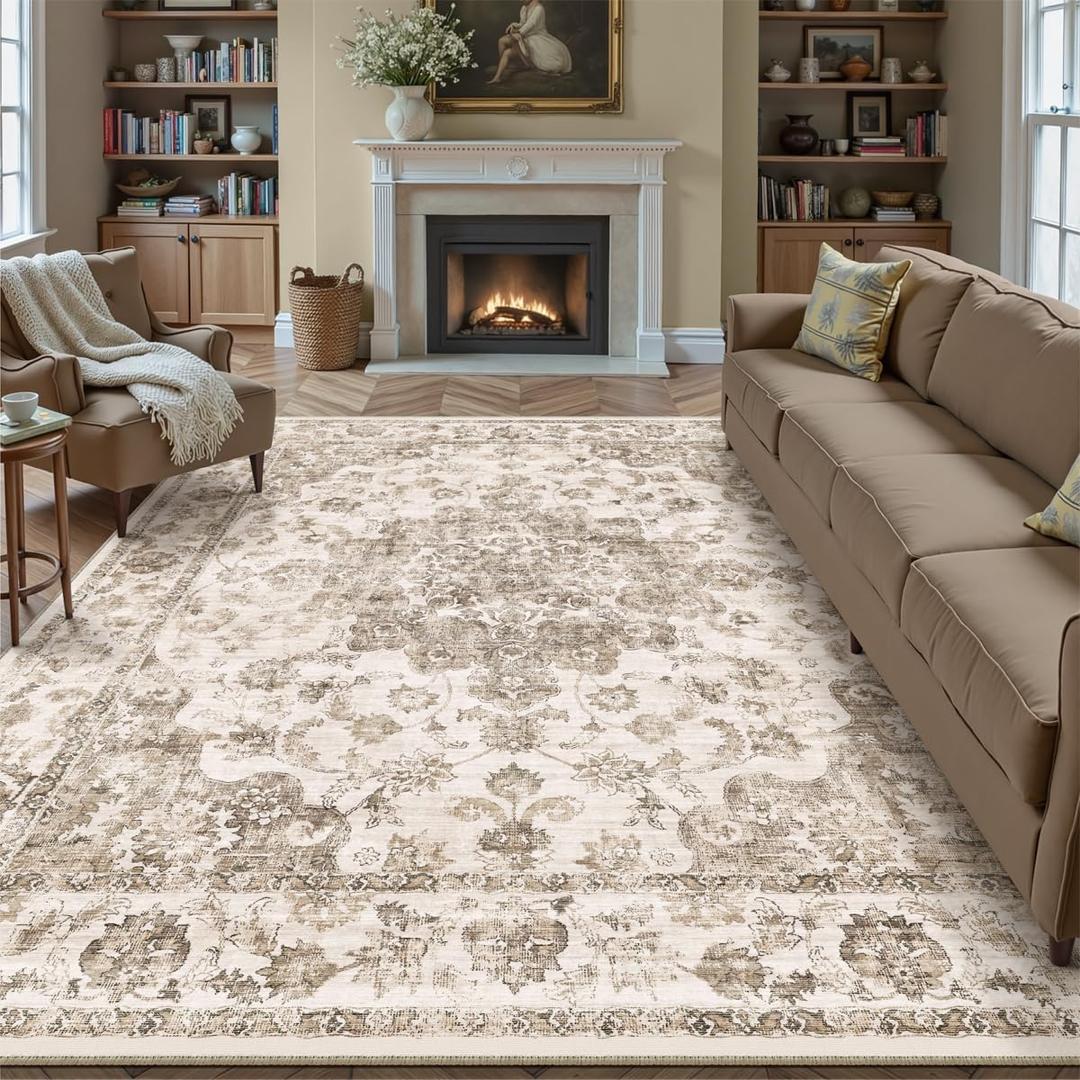 8x10 Washable Neutral Area Rug Brown Vintage Living Room Bedroom Carpet Non-Slip Soft Low Pile Floral Indoor Large Throw Rug for Dining Room Office