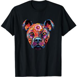Halloween, Pit Bull, Sugar Skull, Funny, Dogs, Flowers T-Shirt