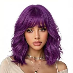 eNilecor Dark Purple Wig for Women,Short Wavy Curly Bob Hair Wig with Bangs,14" Natural Synthetic Party Costume Cosplay Halloween Colred colorful Color Fun Neon Funny Wigs For Women