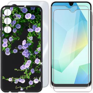 Cover for Samsung Galaxy A16 (6.70") + Screen Protector(2 Pack), Ultra Thin Silicone Cover Shockproof Bumper Anti-Scratch Protective Case + Tempered Glass - Purple Flowers