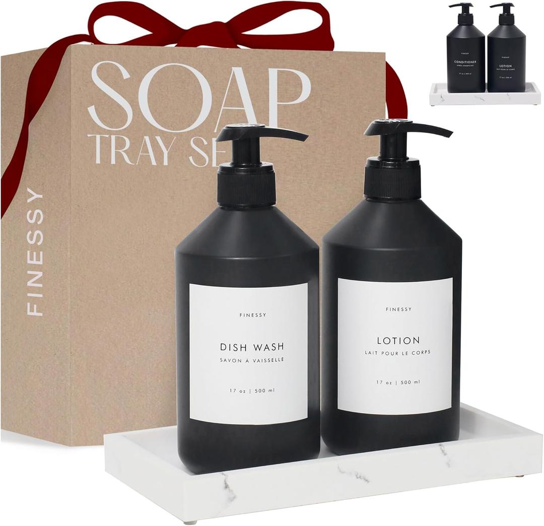 Modern Black Kitchen Soap Dispenser Set with Tray, Lotion Dishwashing Liquid Detergent Hand and Dish Soap Dispenser Set, Dual Refillable Pump Bottles for Kitchen and Bathroom Countertop Farmhouse (Sophisticated Black)