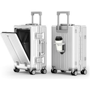 ALPHA CAMP 20 Inch Aluminum Frame Carry-On Luggage, Front Opening Hardside Carry on Suitcase with Quick-Access Front Compartment, Airline Approved with TSA Lock, USB&Type-C Ports, Cup Holder, Silver