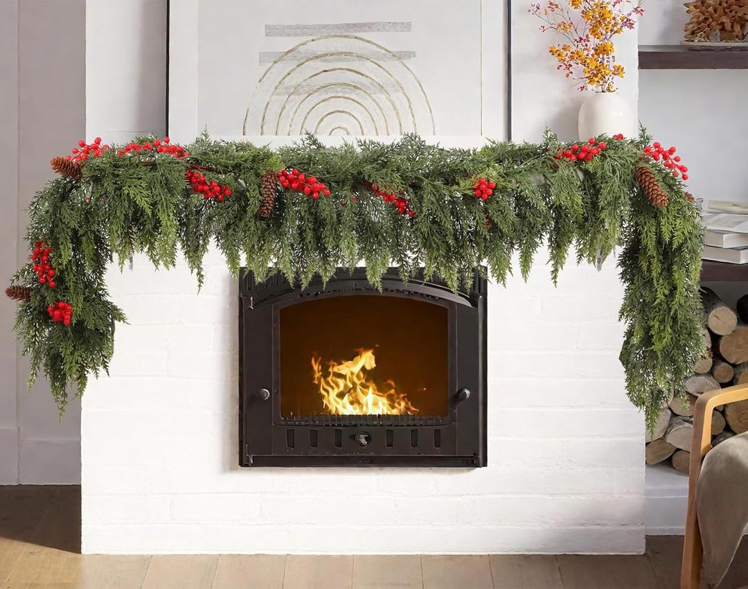 6ft Christmas Cedar Garland with Artificial Red Fruits and Pine Cones, Soft and Thick, Faux Greenery Cedar Garland, Suitable for Home Dining Table, Mantel, Porch Winter Christmas Decoration (6FT)
