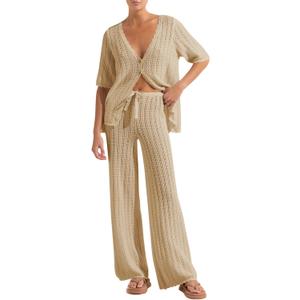 Imily Bela Women's Summer 2 Piece Swimsuit Cover up Crochet Knit Cardigan Tops Long Pants Set Bathing Suit Beach Outfit, Medium, Light Khaki