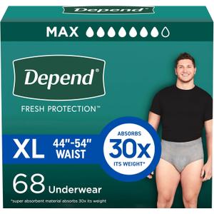 Depend Fresh Protection Adult Diapers, Incontinence Underwear for Men, Disposable, Maximum, Extra-Large, Grey, 68 Count (2 Packs of 34) 