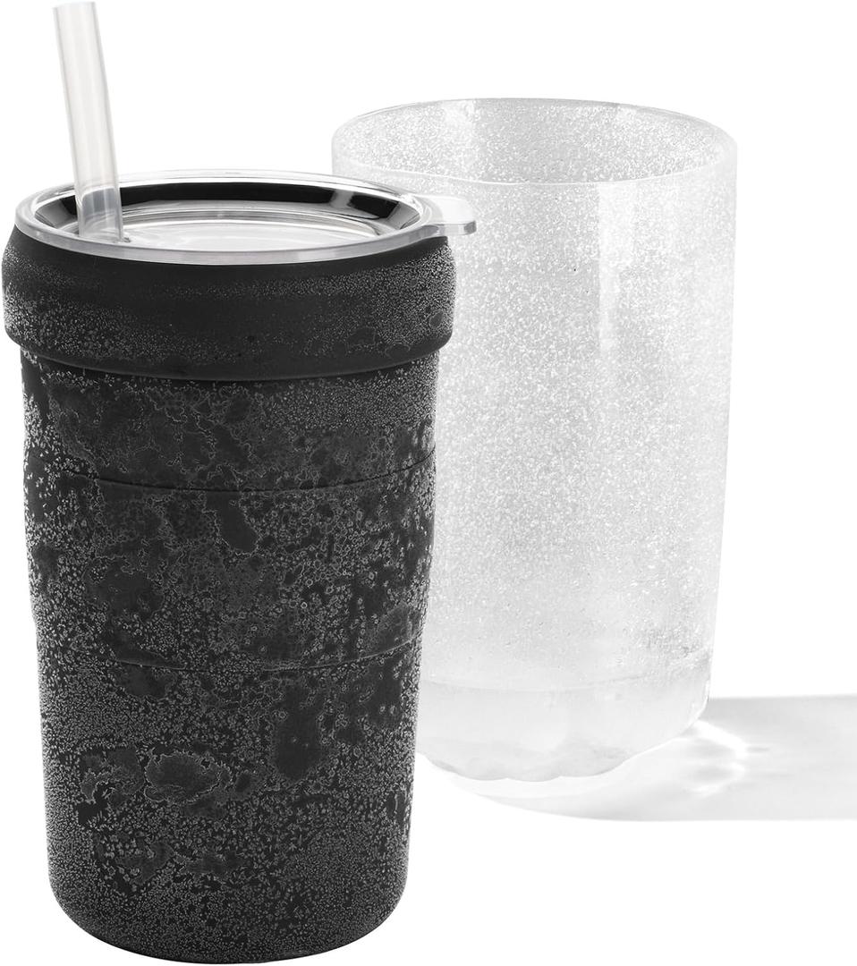 Iced Coffee Tumbler, 45 Insulated Beer Mug for Freezer, (Ice-Free) Double-walled Freezable Slushie Cup with Stainless Steel Liner, Travel Coffee Mug Reusable, with Lid and Straw, 16oz (1, Black)