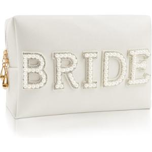 Bride Patch Letter Makeup Bag for Women Bridesmaid Engagement Gift for Her White Pearl Rhinestone Travel Toiletry Bag Make Up Bag Pouch for Purse Bridal Shower Gifts for Engagement Wedding