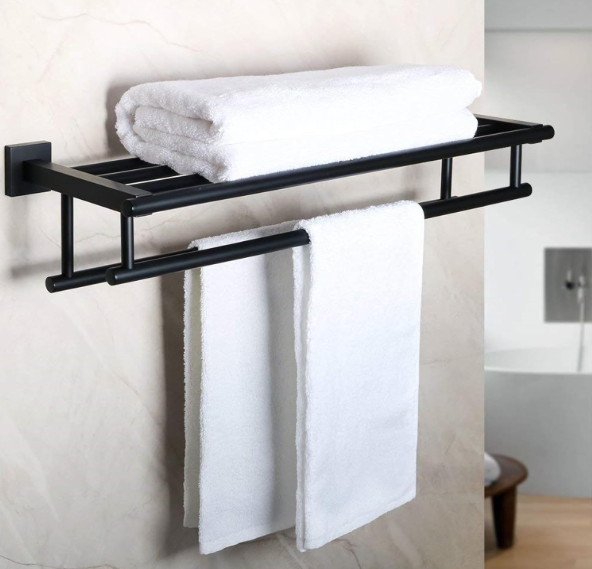 Alise Double Towel Rack for Bathroom,24 Inch Bathroom Tower Holder Towel Shelf with Double Towel Bars Wall Mount,SUS304 Stainless Steel Towel Hanger Double Tower Bar for Bathroom Wall, Black