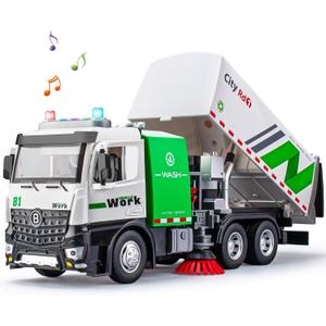 Street Sweeper Truck with Open-able Doors, 11.5" Big Trash Truck with Lights and Sounds, Friction Powered Garbage Toys Gift for Boys Girls Kids