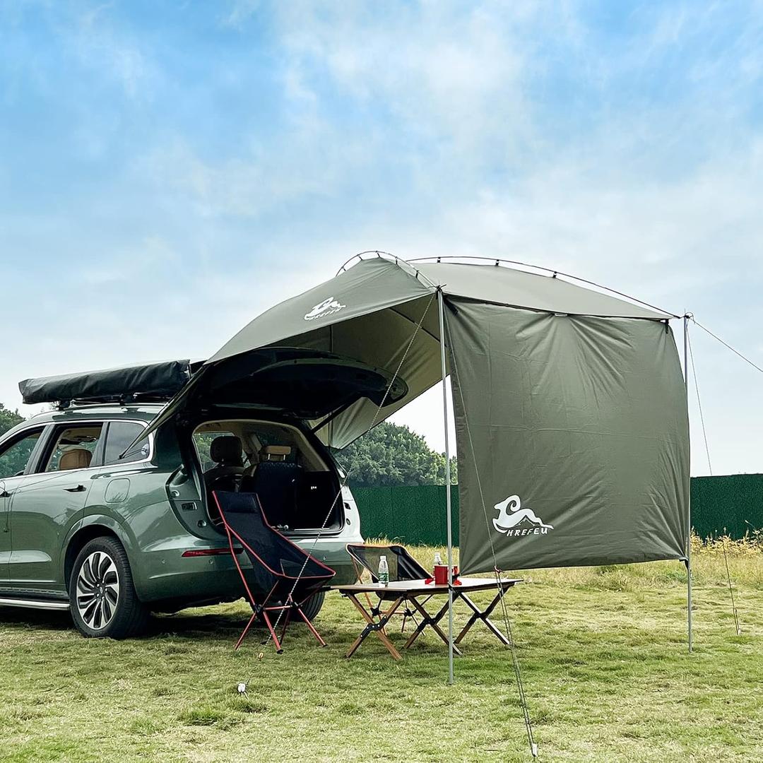 SUV Tailgate Tent with Awning,Waterproof 3000MM UPF 50+,Tailgate Shade Awning Tent for Full Size SUV/Van/MPV/CUVCamping (Large Size) (Dark green)