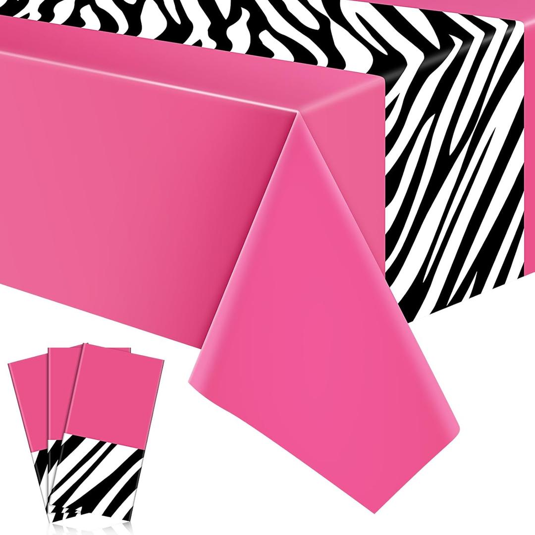 Buryeah 3 Pcs Zebra Tablecloth Zebra Print Plastic Table Cloth Disposable Tablecloth Animal Safari Table Cover 54 x 108'' for Baby Shower Wedding Birthday Party Decorations Supplies(Hot Pink A)