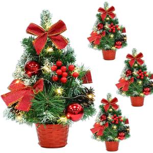 4 Pack 12 Inch Mini Christmas Trees with Lights Table Top Christmas Tree for Office in Basket Base Snowy Red Bows Berries Christmas Decorations Miniature Christmas Tree Tabletop Desk Home Decor