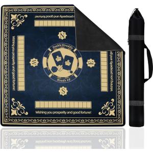 Upgraded Navy Blue & Gold Mahjong Mat 31.5x31.5 Inch - Non-Slip Rubber, Waterproof, Noise Reducing Table Cover for American & Chinese Mahjong, D20 Dice, Poker, Board Games with Carry Bag
