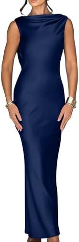 Memoriesea Women's Elegant Sleeveless High Neck Tie Cocktail Wedding Party Maxi Dress Size M