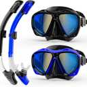 Snorkeling Gear for Adults, Dry Snorkel Mask Set Blue Electroplated Wide View Anti-Fog Scuba Diving Mask Goggles, Professional Snorkel Gear with Carry Bag for Adults Swimming, Diving