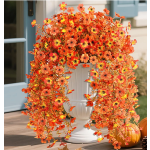 Homsunny Artificial Fall Flowers for Outdoors Fake Flowers UV Resistant 2PCS Fall Mums Flowers for Home Patio Balcony Yard Porch, Orange and Sunset Red