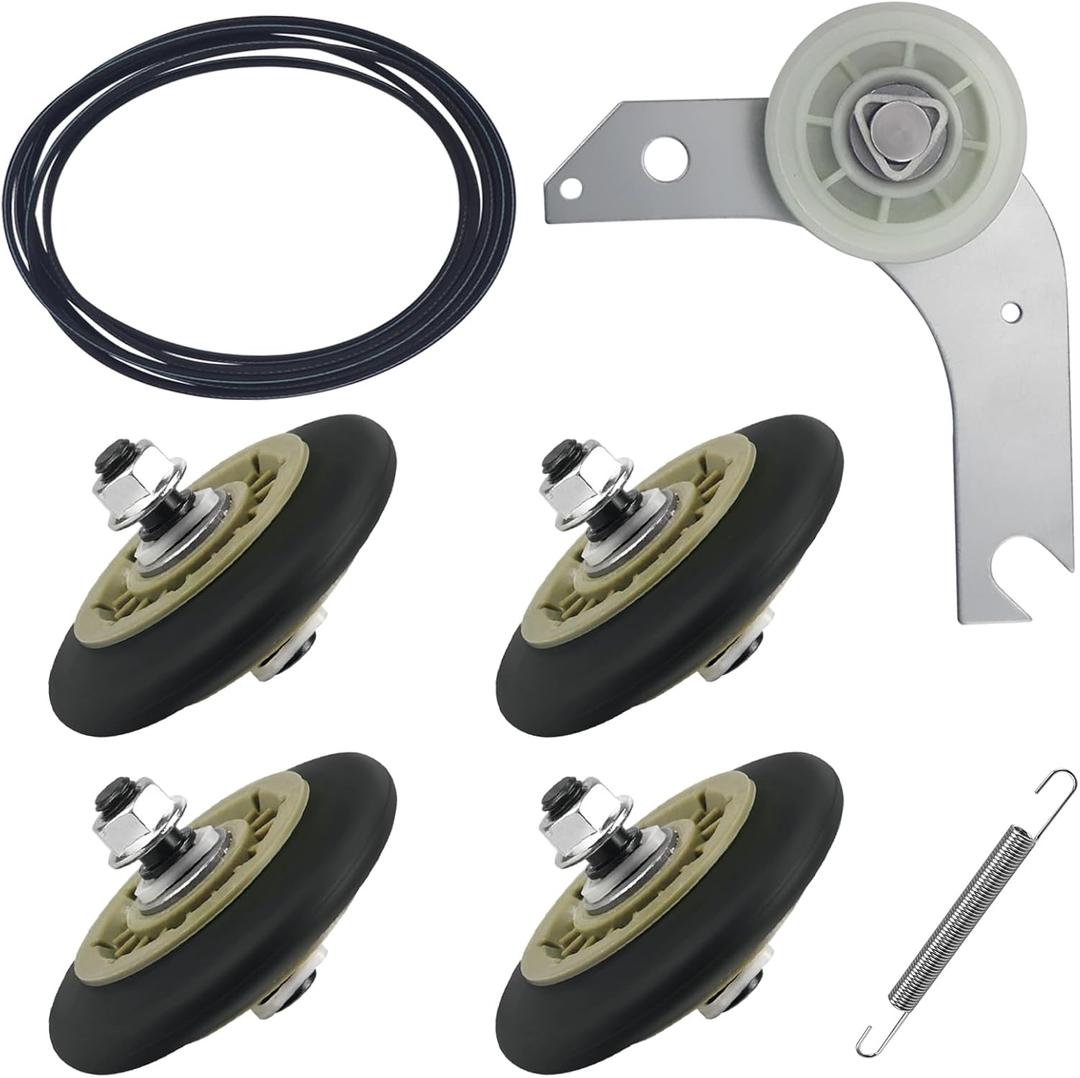 Upgraded Dryer Repair Kit Includes 134715900 Drum Support Roller(4pcs),137315300 Dryer Belt(1pc),134793500 Idler Pulley(1pc) & 131601000 Spring Idler (1pc) for Elec-trolux and Frig-ida-ire