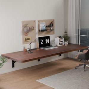 IAE Floating Wall Mounted Folding Table Desk with Pine Wood,60" x 22" Foldable Workbench,Fold Down Wall Mounted Foldable Desk with Shelf Brackets,Laundry Folding Table for Home,Dining,Kitchen,Brown