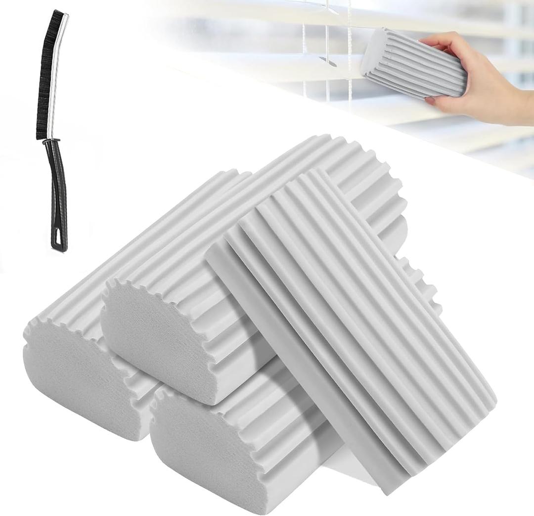 4 Pack Soft Cotton Sponge Duster, Duster for Cleaning Blinds, Baseboards, Railings, Glass, Vents, Window Tracks, Faucets, Includes 1 Crevice Cleaning Brush