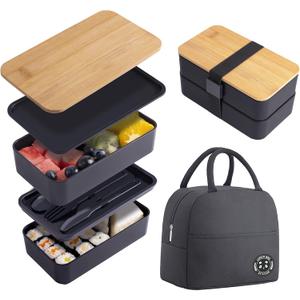 Japanese Bamboo Bento Box with Compartments and Utensils Stackable Lunch Box Includes Lunch Bag for Meal Prep Black (42 OZ)