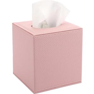 Sumnacon Tissue Box Cover Square Tissue Box Stylish PU Tissue Box Holder with Magnetic Bottom, Cube Leather Tissue Cover for Living Room Bathroom Table Desk Home Office Car, Pink